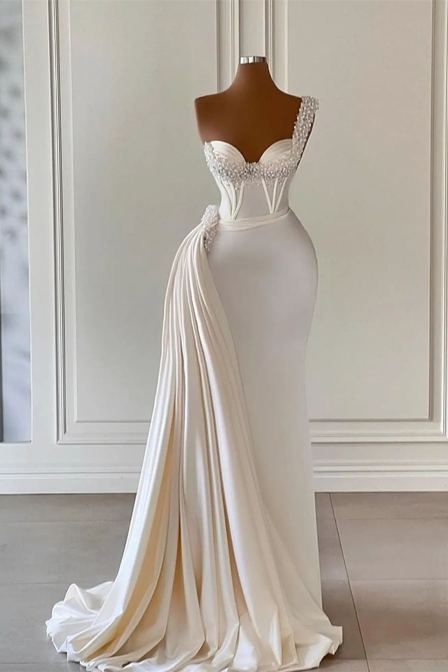 Unique Ivory One-Shoulder Sweetheart Sleeveless A-line Wedding Dresses With Beads-BMbridal.com
