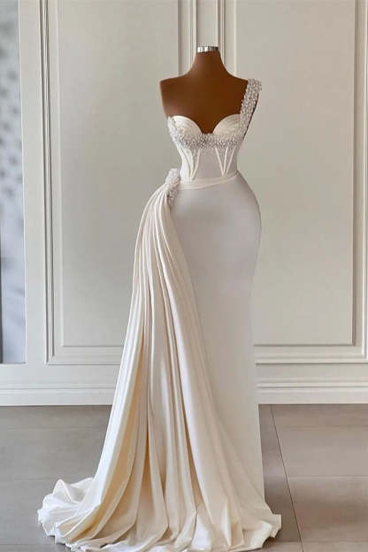 Unique Ivory One-Shoulder Sweetheart Sleeveless A-line Wedding Dresses With Beads-BMbridal.com