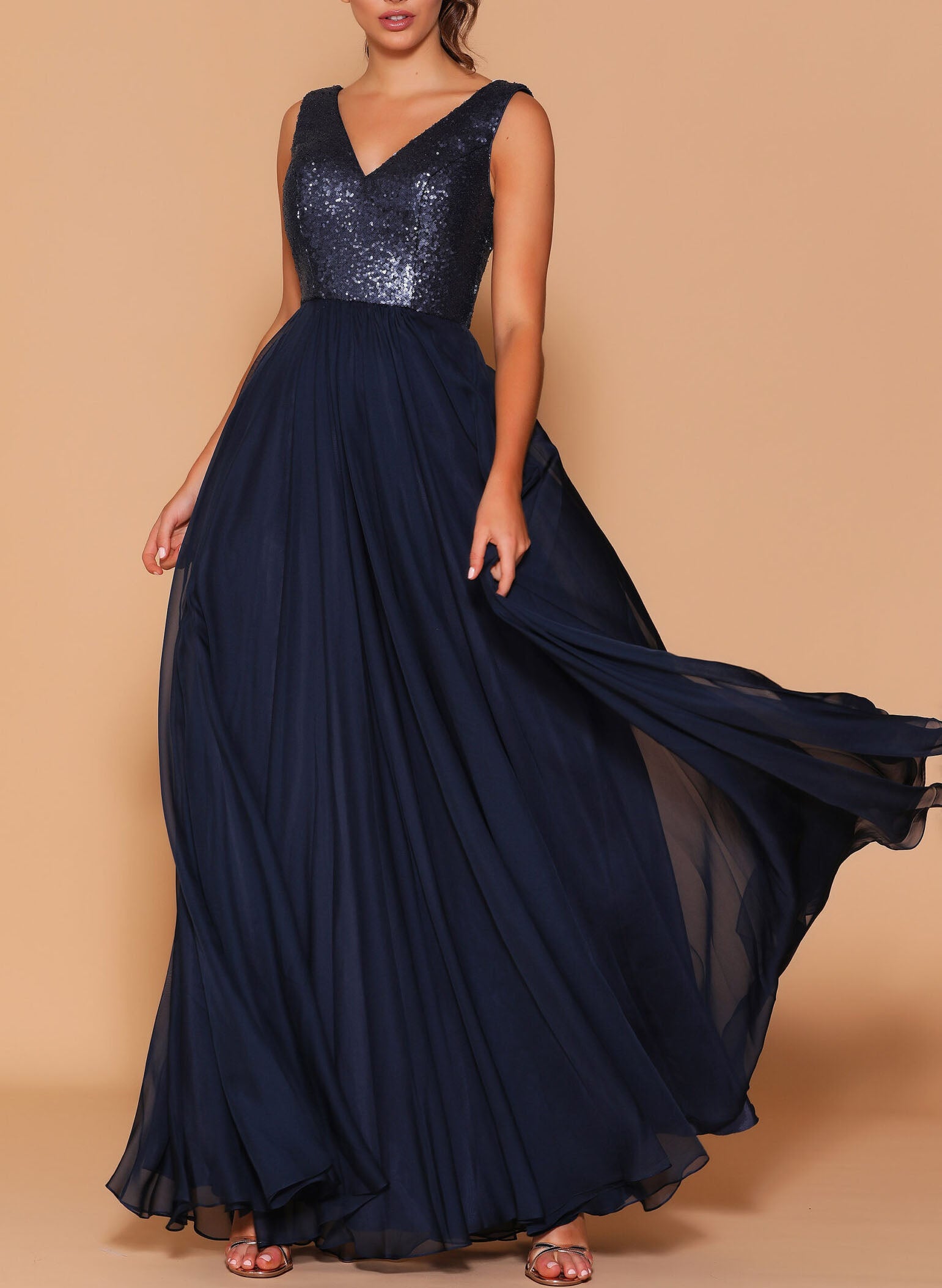 sequin chiffon bridesmaid dress Gold Sequin V Neckline Chiffon Floor Length Bridesmaid Dress
