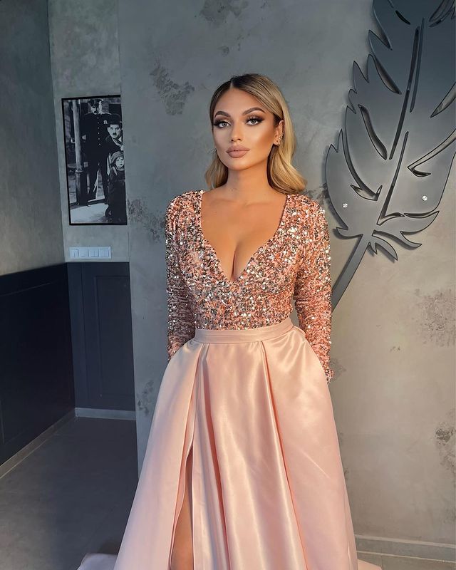 V-neck Evening Gowns For Women A-Line Split Prom Dress-BMbridal.com