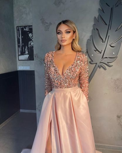 V-neck Evening Gowns For Women A-Line Split Prom Dress-BMbridal.com