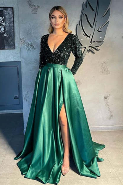V-neck Evening Gowns For Women A-Line Split Prom Dress-BMbridal.com