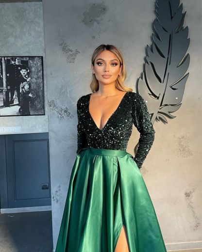 V-neck Evening Gowns For Women A-Line Split Prom Dress-BMbridal.com