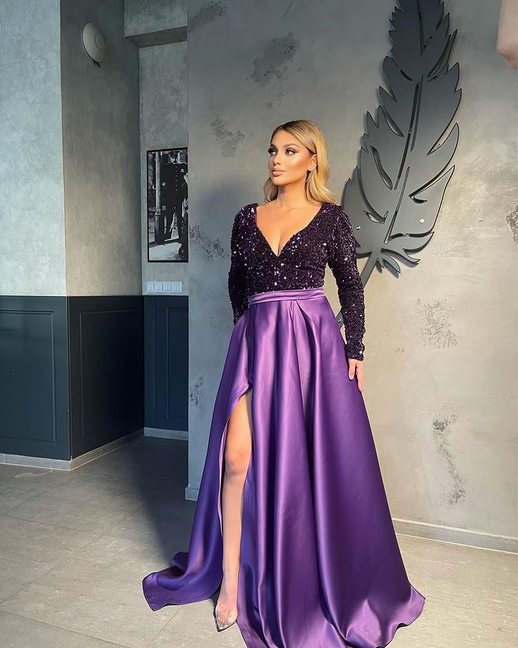 V-neck Evening Gowns For Women A-Line Split Prom Dress-BMbridal.com