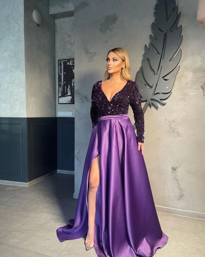 V-neck Evening Gowns For Women A-Line Split Prom Dress-BMbridal.com