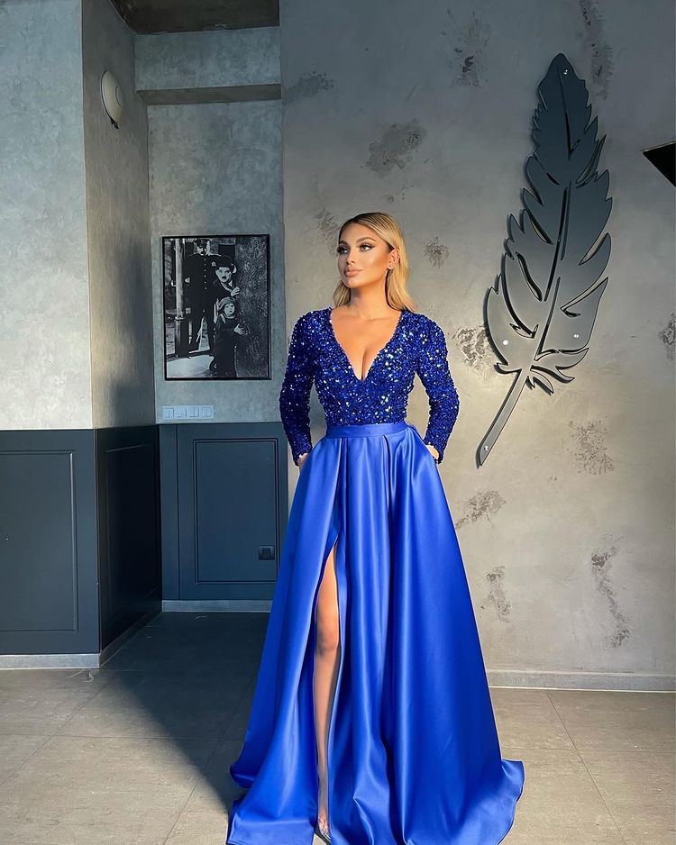 V-neck Evening Gowns For Women A-Line Split Prom Dress-BMbridal.com