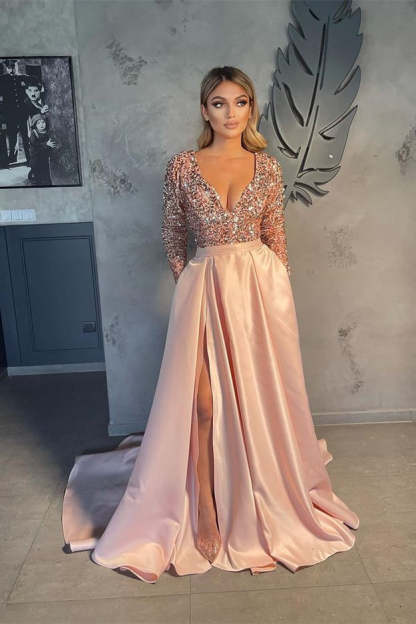 V-neck Evening Gowns For Women A-Line Split Prom Dress-BMbridal.com
