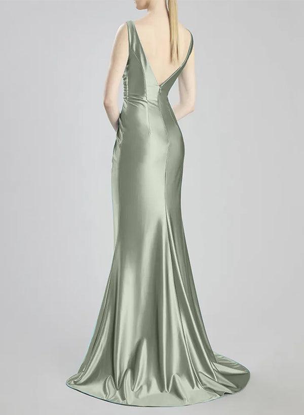 V-Neck Silk Like Satin Bridesmaid Dresses With High Split