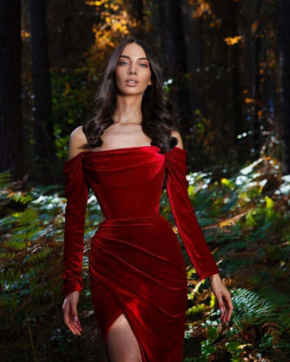 Velvet evening dresses long red | Prom dresses with sleeves-BMbridal.com