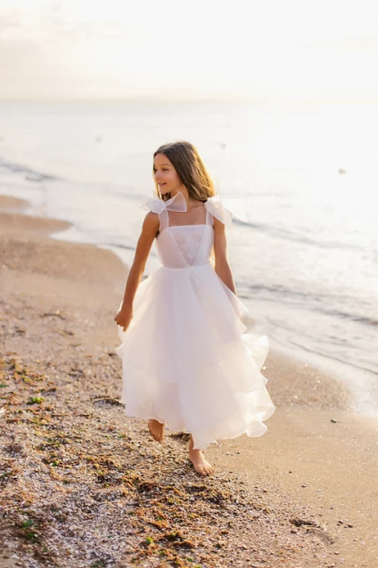 White A-line Sleeveless Straps Flower Girls Dress With Pearl-BMbridal.com