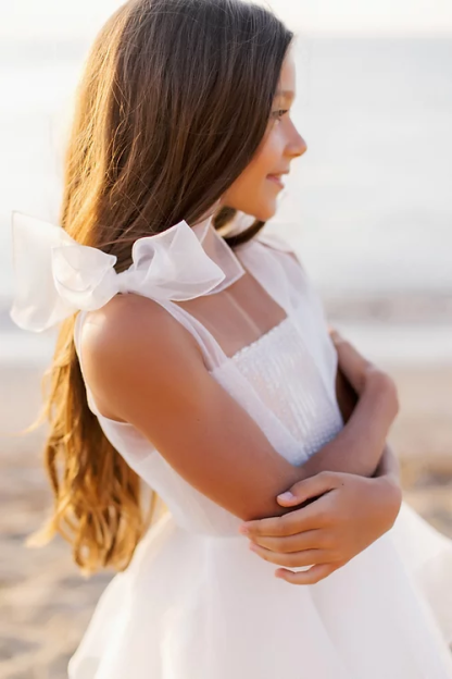 White A-line Sleeveless Straps Flower Girls Dress With Pearl-BMbridal.com
