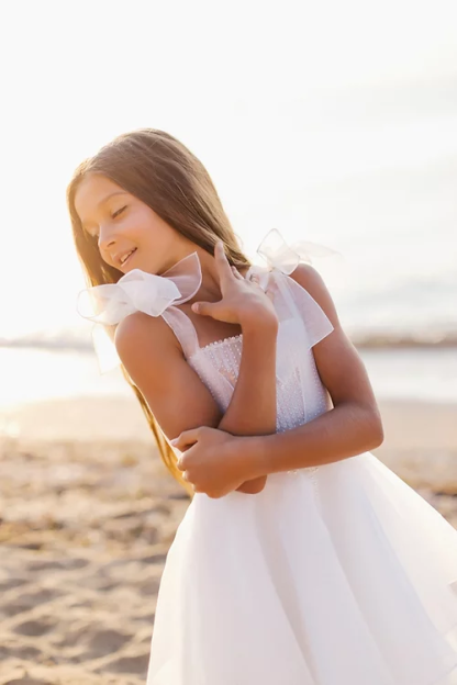 White A-line Sleeveless Straps Flower Girls Dress With Pearl-BMbridal.com