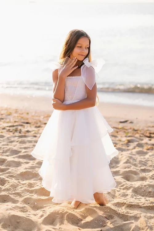 White A-line Sleeveless Straps Flower Girls Dress With Pearl-BMbridal.com