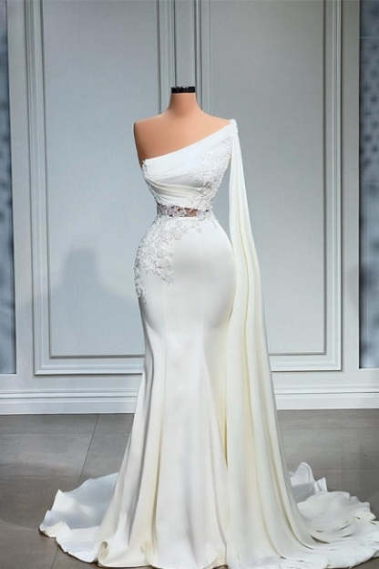 White Asymmetric One Shoulder Mermaid Stretch Satin Prom Dress-BMbridal.com