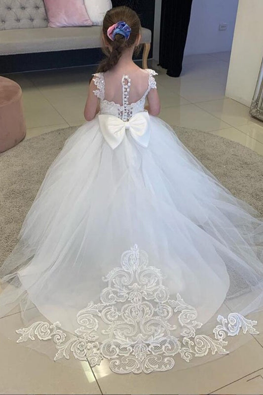 White Lovely Flower Girl Dress Tulle With Lace Appliques-BMbridal.com