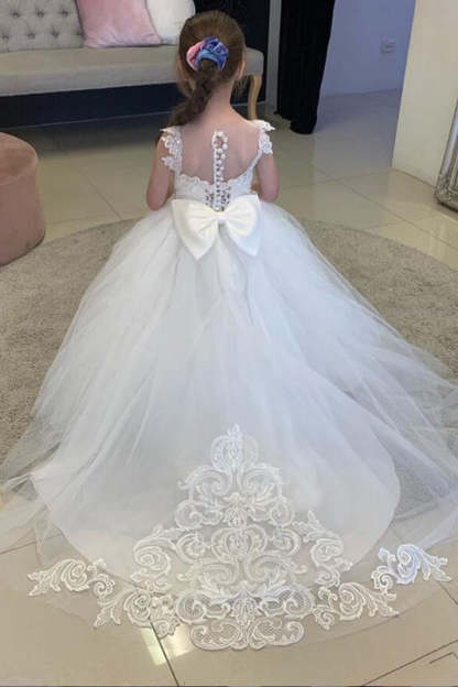 White Lovely Flower Girl Dress Tulle With Lace Appliques-BMbridal.com