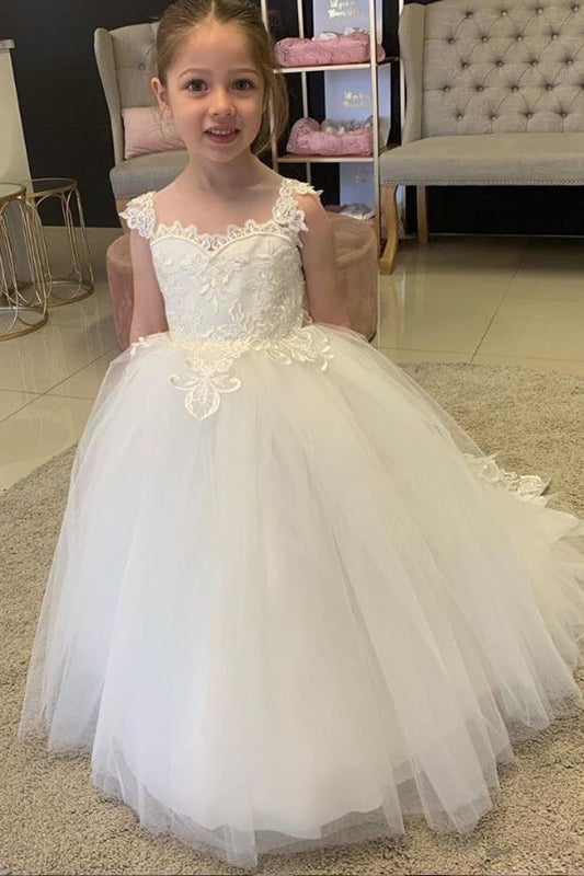 White Lovely Flower Girl Dress Tulle With Lace Appliques-BMbridal.com