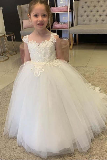 White Lovely Flower Girl Dress Tulle With Lace Appliques-BMbridal.com