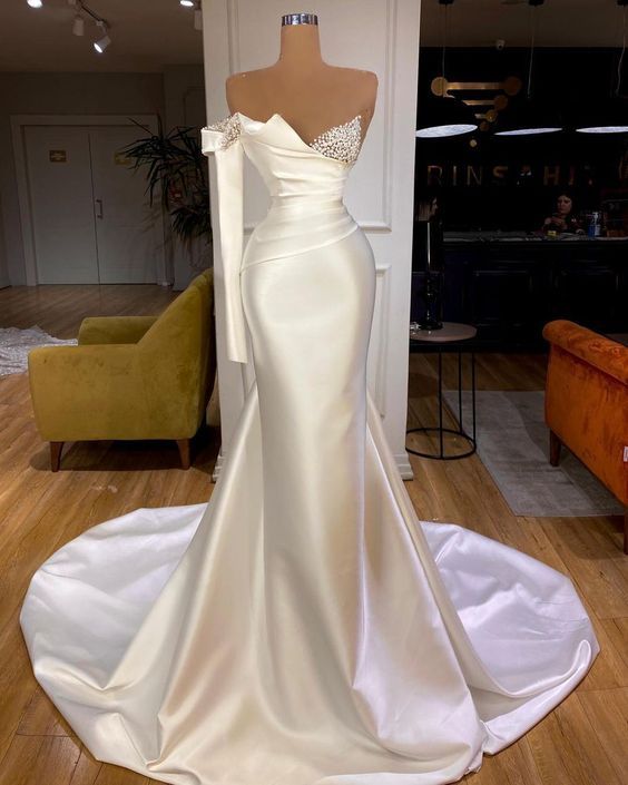 White Satin One Shoulder Long Mermaid Prom Dresses-BMbridal.com