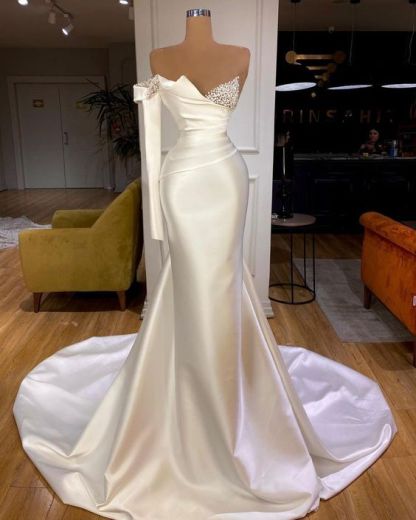 White Satin One Shoulder Long Mermaid Prom Dresses-BMbridal.com