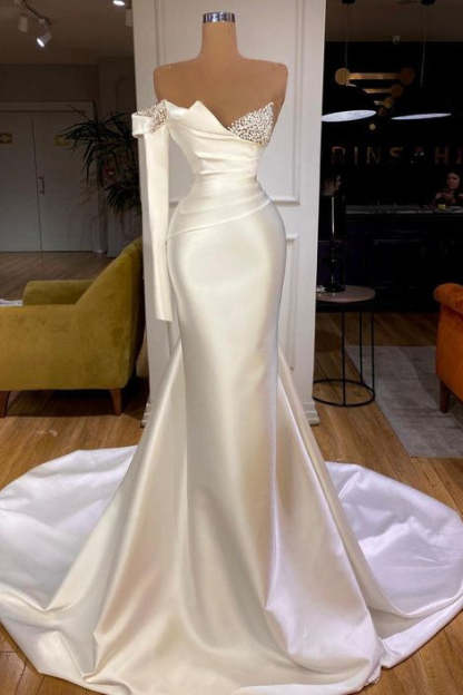 White Satin One Shoulder Long Mermaid Prom Dresses-BMbridal.com