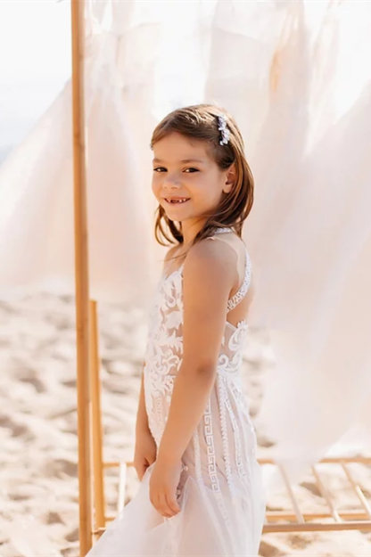 White Short Sleeveless A-line Straps Flower Girls Dress With Lace-BMbridal.com