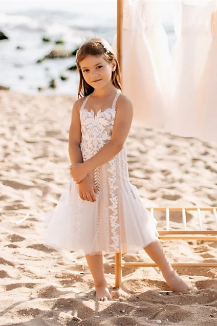 White Short Sleeveless A-line Straps Flower Girls Dress With Lace-BMbridal.com