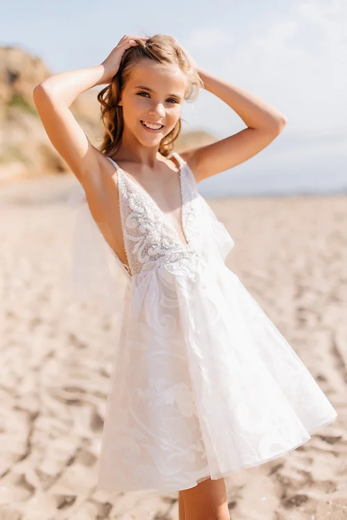White Short Sleeveless Ball Gown Flower Girls Dress With Lace-BMbridal.com