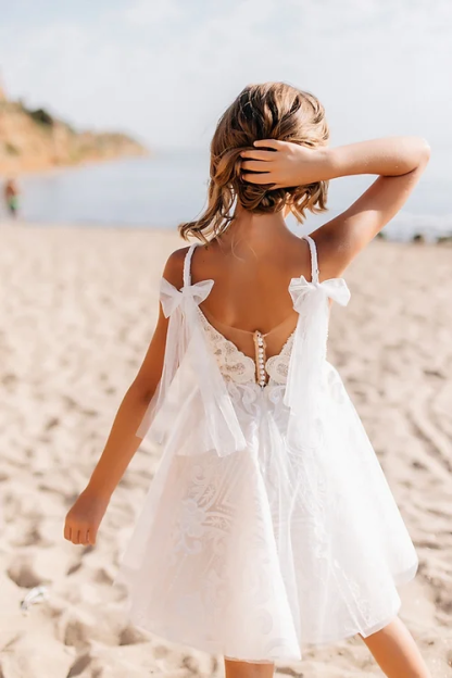 White Short Sleeveless Ball Gown Flower Girls Dress With Lace-BMbridal.com