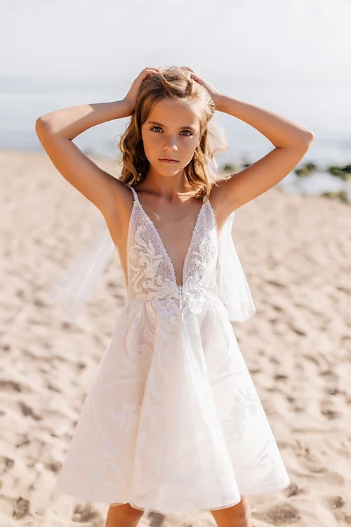 White Short Sleeveless Ball Gown Flower Girls Dress With Lace-BMbridal.com
