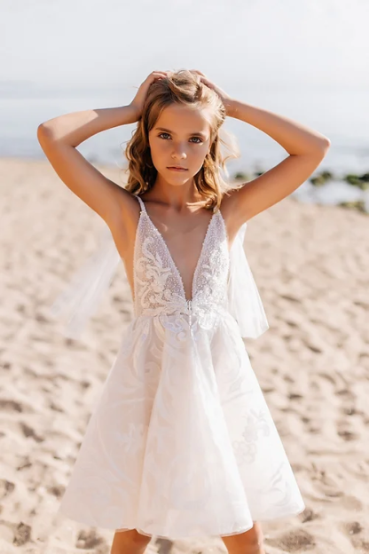 White Short Sleeveless Ball Gown Flower Girls Dress With Lace-BMbridal.com