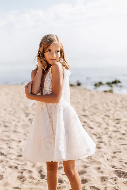 White Short Sleeveless Ball Gown Flower Girls Dress With Lace-BMbridal.com