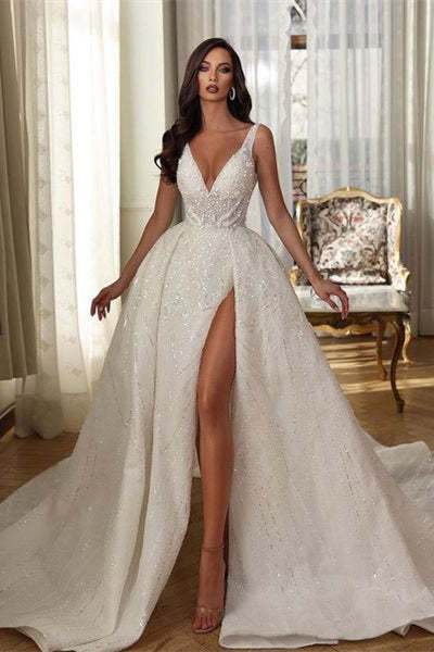 White V-neck Sleeveless Sequined Split Wedding Dress With Train-BMbridal.com