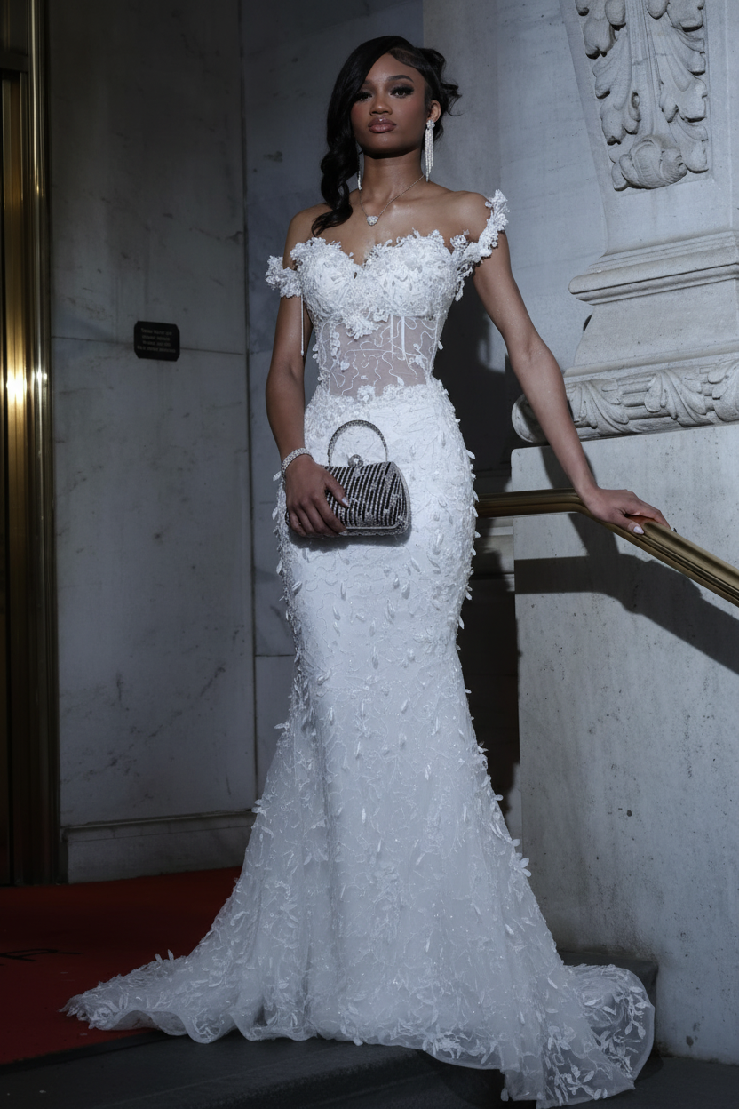 Luxury Black Sequin Mermaid Prom Dress – Illusion Corset Bodice with 3D Beaded Lace & Off-the-Shoulder Detail | 2026 Gothic Glamour Evening Collection