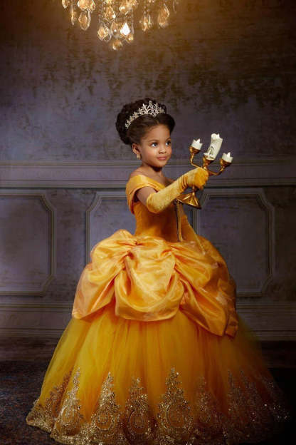 Yellow Princess Girl Dress With Lace Off-the-Shoulder Velvet Tulle Pegant Dress for Kids-BMbridal