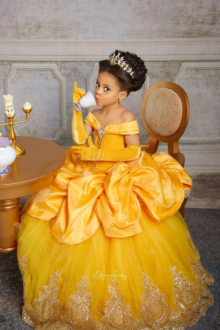Yellow Princess Girl Dress With Lace Off-the-Shoulder Velvet Tulle Pegant Dress for Kids-BMbridal