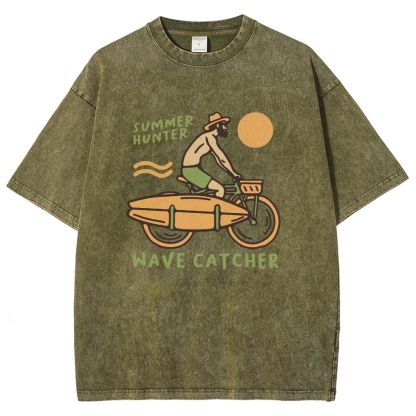 Washed T-Shirt | Surf Unisex Fit Summer Hunter Wave Cartcher | TIDESENCE