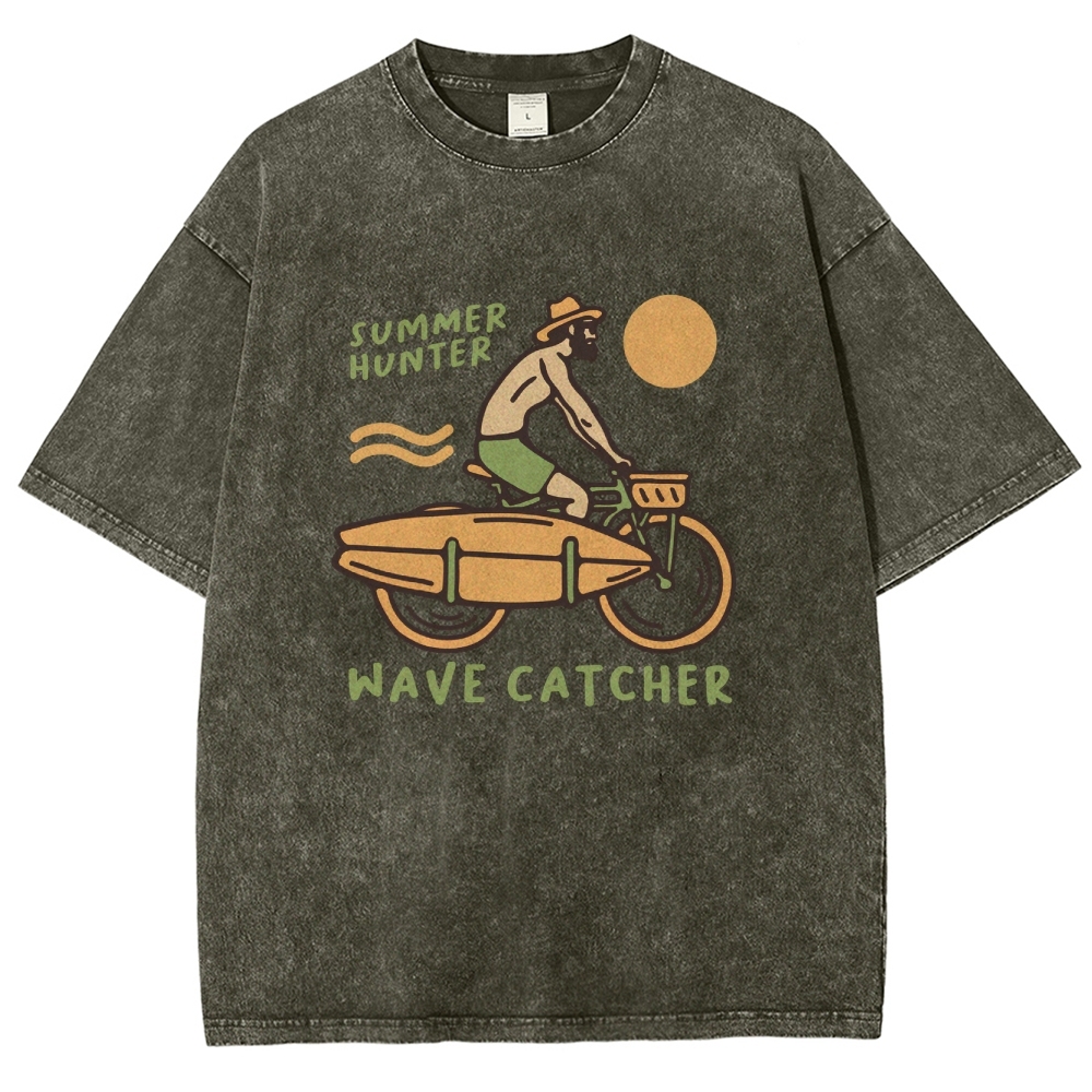 Washed T-Shirt | Surf Unisex Fit Summer Hunter Wave Cartcher | TIDESENCE