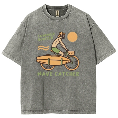 Washed T-Shirt | Surf Unisex Fit Summer Hunter Wave Cartcher | TIDESENCE