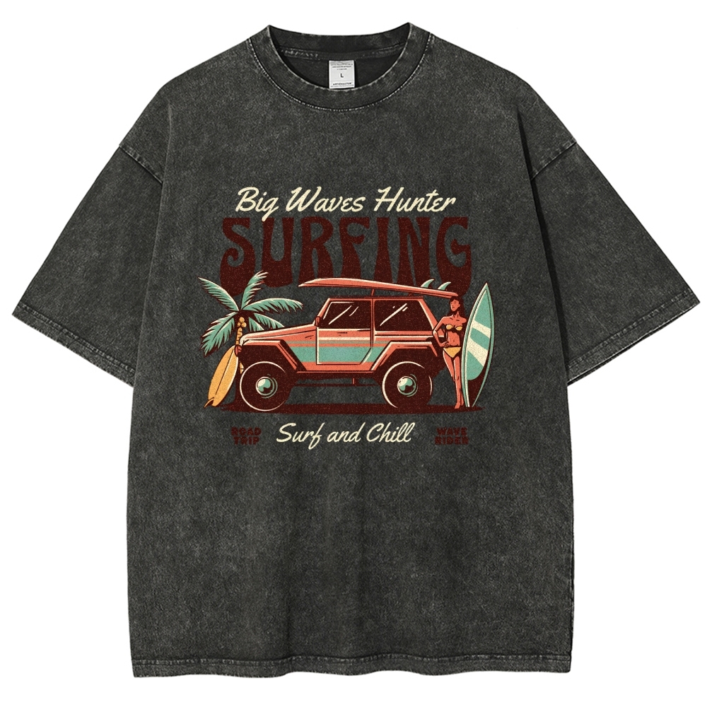 Washed T-Shirt | Surfing Adventure Unisex Fit Waves Hunter | TIDESENCE