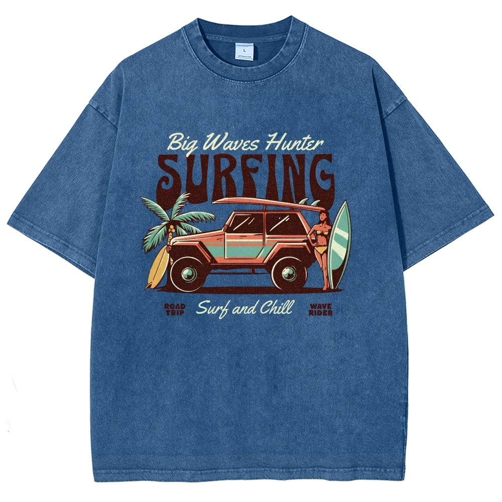 Washed T-Shirt | Surfing Adventure Unisex Fit Waves Hunter | TIDESENCE