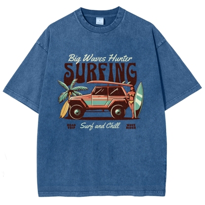 Washed T-Shirt | Surfing Adventure Unisex Fit Waves Hunter | TIDESENCE