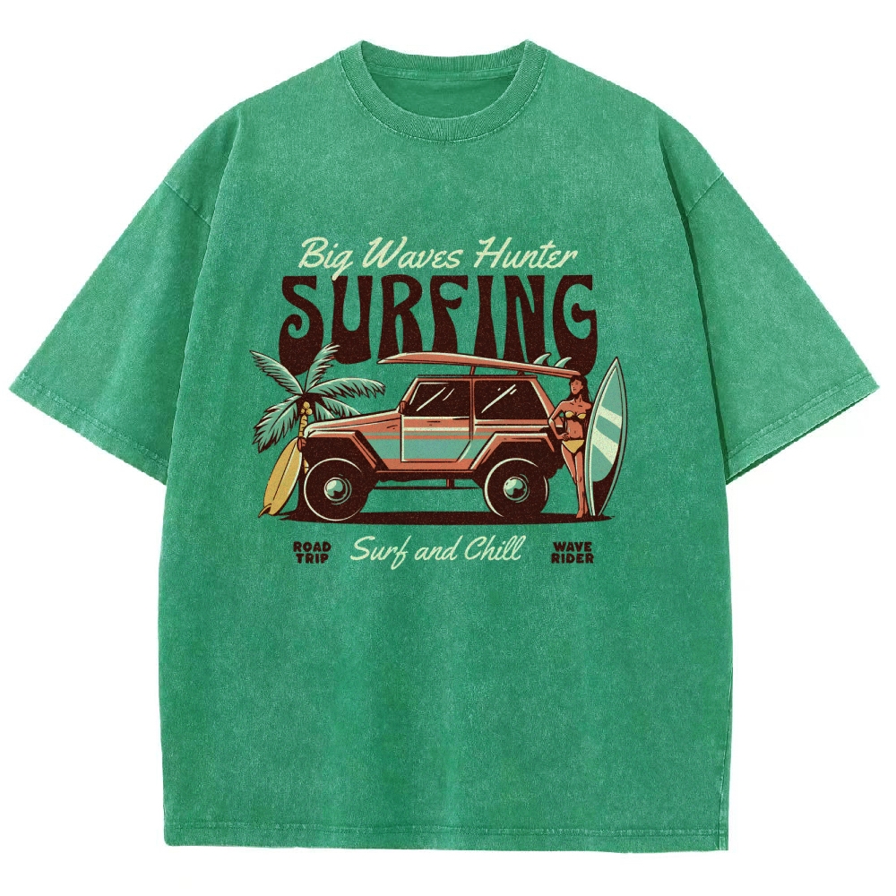 Washed T-Shirt | Surfing Adventure Unisex Fit Waves Hunter | TIDESENCE