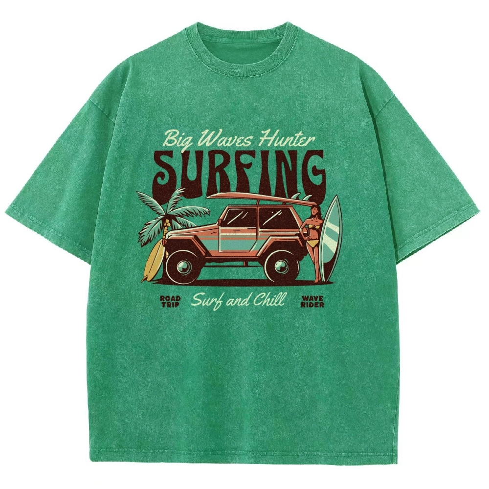 Washed T-Shirt | Surfing Adventure Unisex Fit Waves Hunter | TIDESENCE