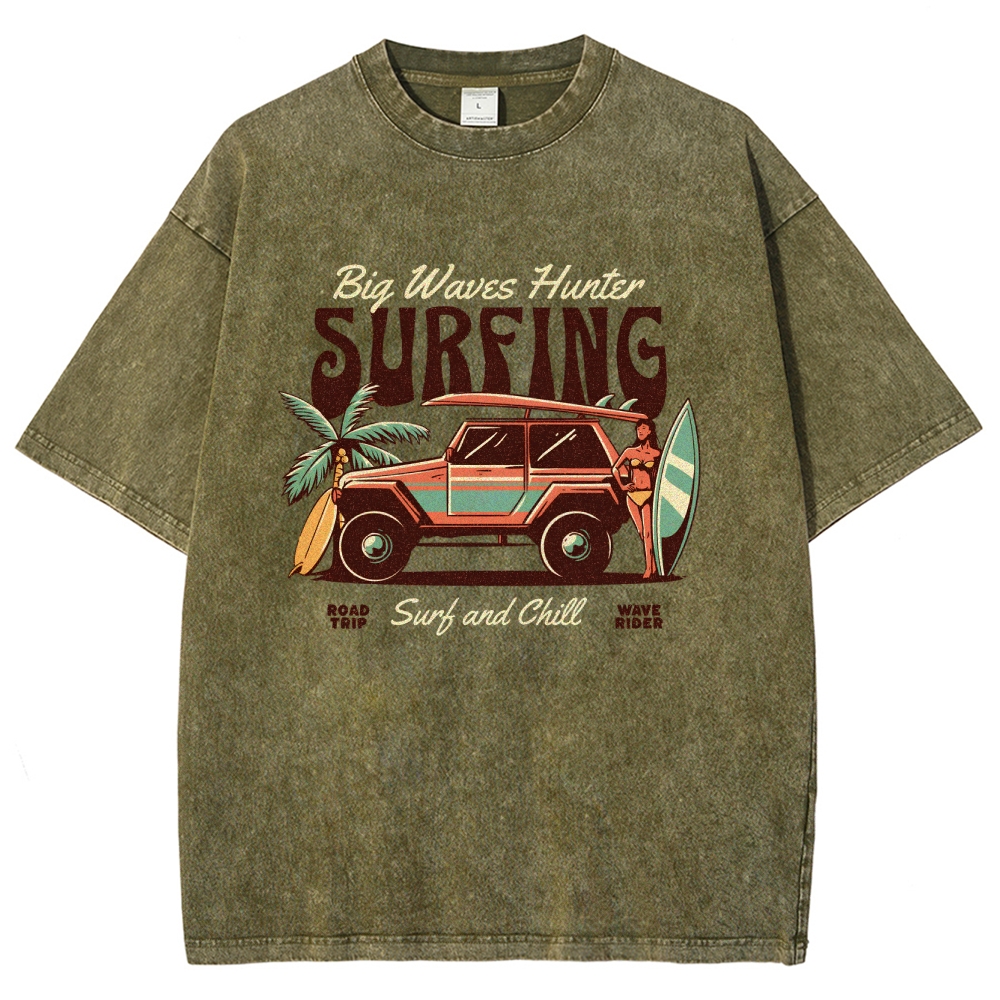 Washed T-Shirt | Surfing Adventure Unisex Fit Waves Hunter | TIDESENCE
