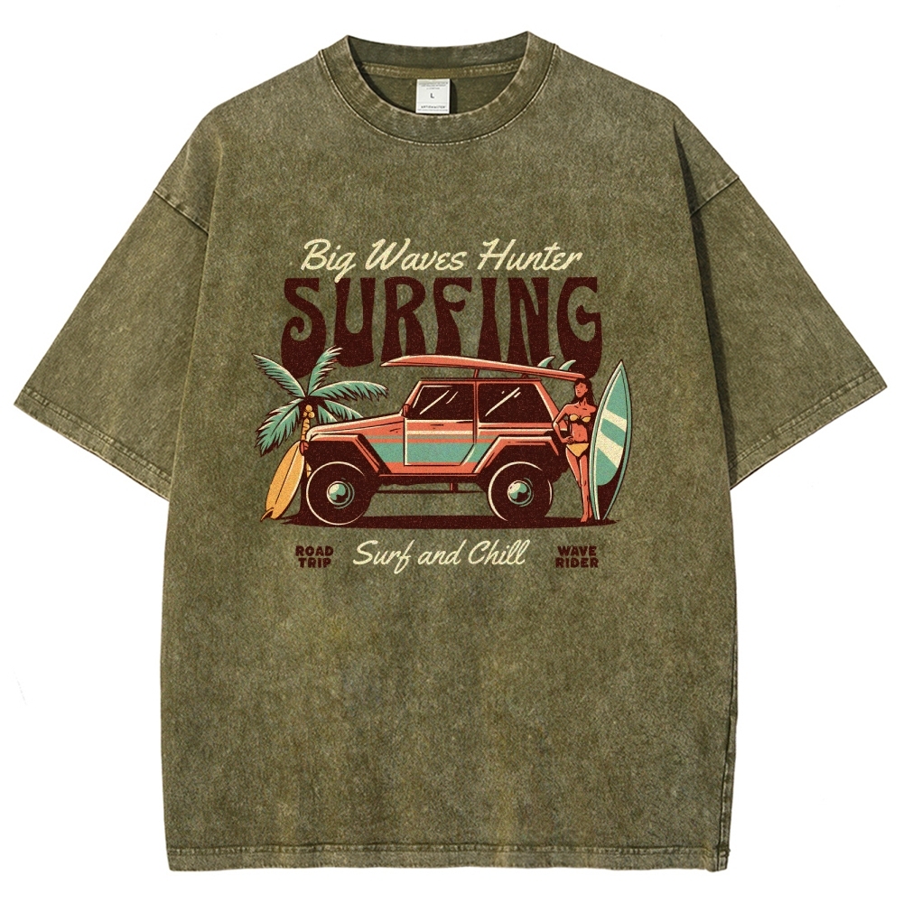 Washed T-Shirt | Surfing Adventure Unisex Fit Waves Hunter | TIDESENCE