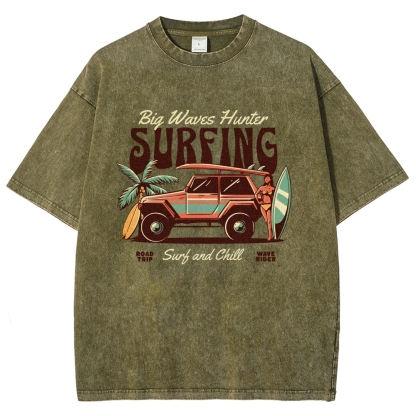 Washed T-Shirt | Surfing Adventure Unisex Fit Waves Hunter | TIDESENCE