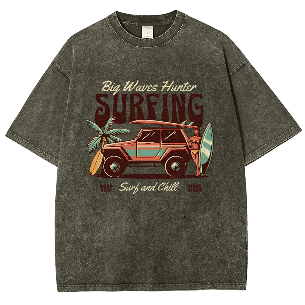 Washed T-Shirt | Surfing Adventure Unisex Fit Waves Hunter | TIDESENCE
