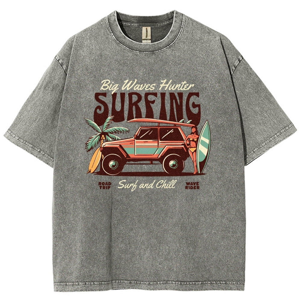 Washed T-Shirt | Surfing Adventure Unisex Fit Waves Hunter | TIDESENCE