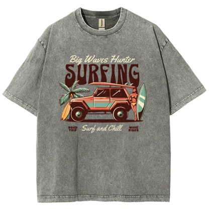 Washed T-Shirt | Surfing Adventure Unisex Fit Waves Hunter | TIDESENCE